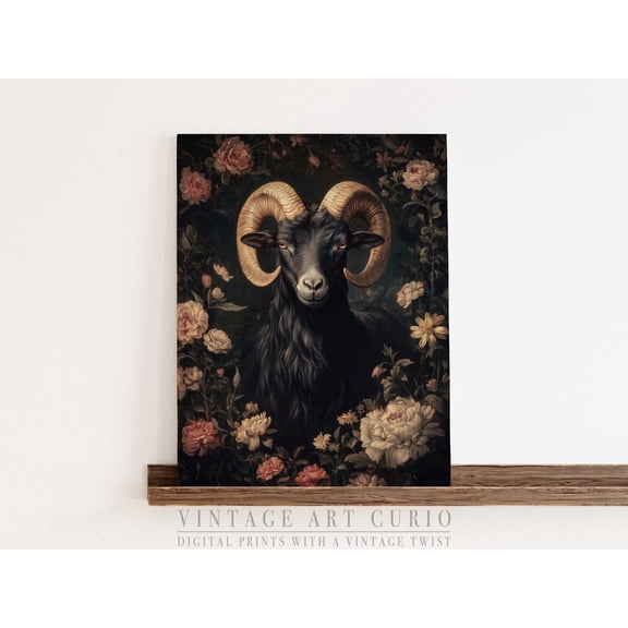 Majestic Ram Floral Gothic Wall Art, Victorian Home Decor Unframed Paper Print