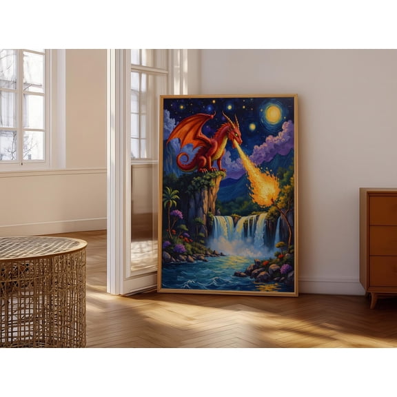 Majestic Red Dragon Breathing Fire Over Waterfall Enchanting Fantasy Landscape Vibrant Night Sky Scene Wall Art Decor Piece