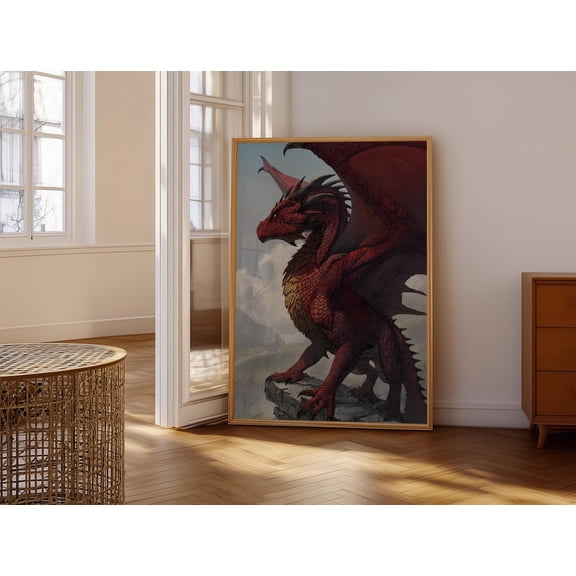 Majestic Red Dragon Fantasy Art Print Mythical Creature Wall Decor