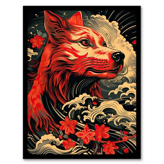 Majestic Red Japanese Sea Dog Concept Art Bold Portrait Artwork Framed Wall Art Print A4