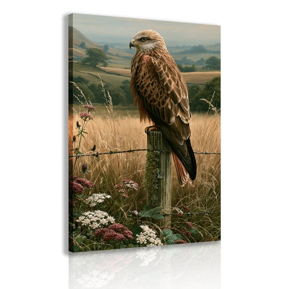 Majestic Red Kite Perched on a Fence Post in a Wheat Field — Canvas Wall Art with Wooden Frame | Red Kite Raptor Art | Rustic Wildlife Landscape Home Decor Poster