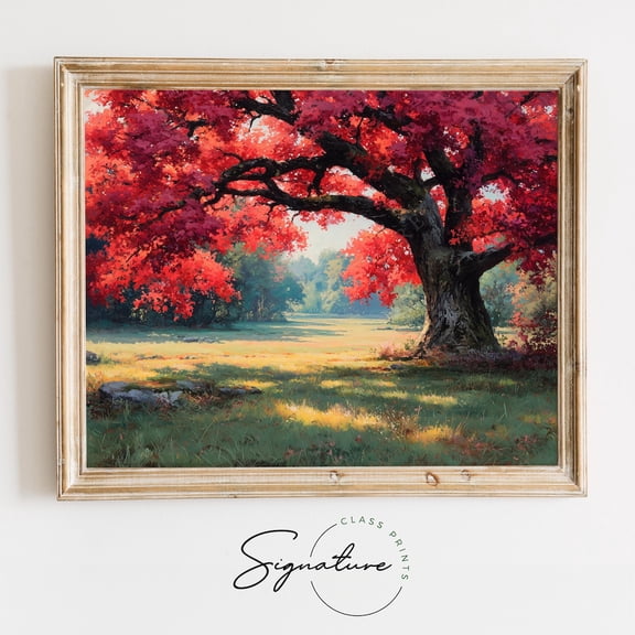 Majestic Red Oak Tree Landscape Art, Vibrant Autumn Foliage, Rustic Nature Decor, Vintage, Scenic Wall Art 4061 Home Decor, 8x12 UNFRAMED