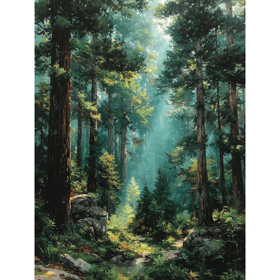 Majestic Redwood Forest Oil Style Canvas Print, Rustic Woodland Nature Landscape Home Wall Decor