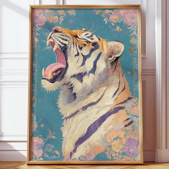 Majestic Roaring Tiger Art Nouveau Inspired Floral Decor, Unframed Paper Poster 8x10in