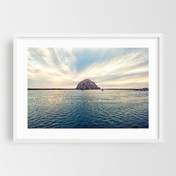 Majestic Rock by the Sea - Morro Bay California Photography Ocean Landscape Harbor Coast Sunset Scenic Boat White Framed Wall Art Print 5 x 7 inches