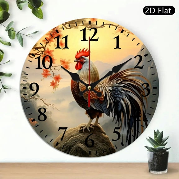 Majestic Rooster Wall Clock with Sunset and Mountain Landscape, 10x10 Inch Circular Decorative Timepiece for Home Decor, 1pc, Battery Not Included