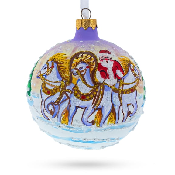 Majestic Santa in Winter Riding 3 White Horses Glass Christmas Ornament