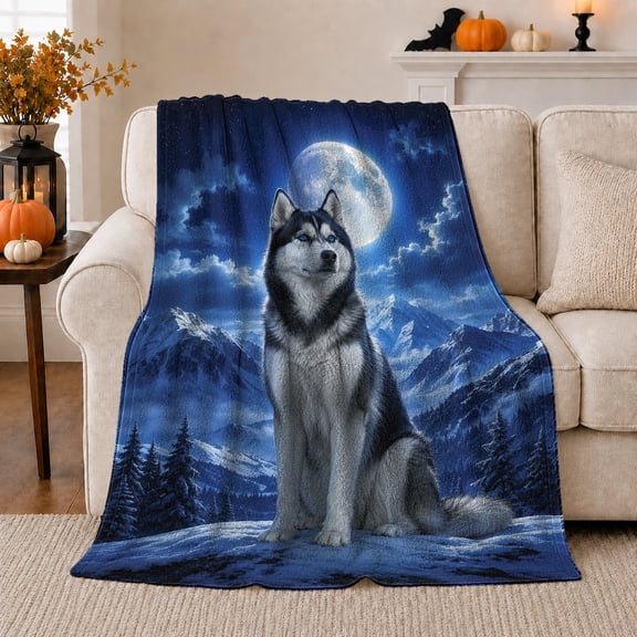 Majestic Siberian Husky Snowy Mountain Moonlit Wilderness, Peaceful Pet Portrait Pattern, Warm Flannel Blanket for Cabin and Lodge, Dog Lovers Just Because Gift, Pet Lover Home Decor