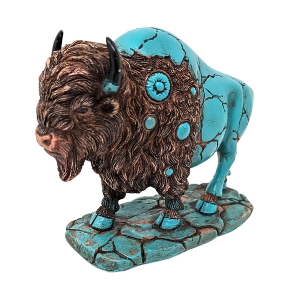 Majestic Small Bison Figurine - Turquoise & Brown Resin American Buffalo Décor for Shelf, Tabletop, or Desk - Rustic Wildlife Accent Piece - Ideal for Collectors & Buffalo Enthusiasts