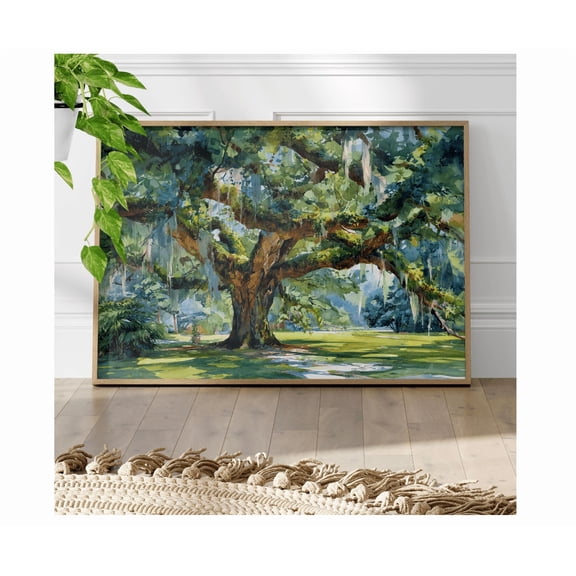 Majestic Southern Live Oak Watercolor Style Painting Poster Oak Tree With Spanish Moss Sunlit Landscape Green Nature Home Decor