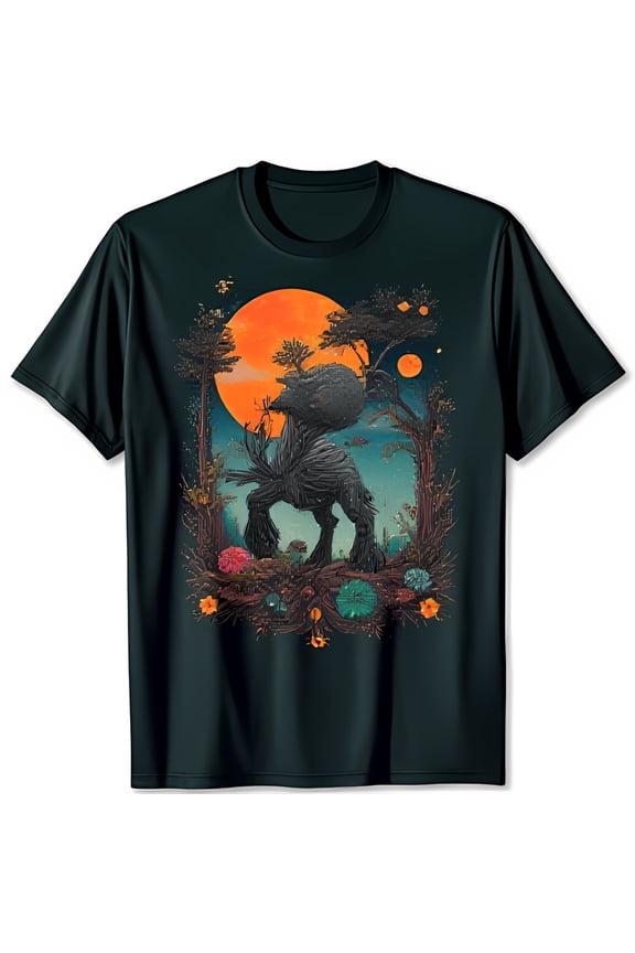 Majestic Stag Creature Graphic on Black T-Shirt Vibrant Fantasy Design