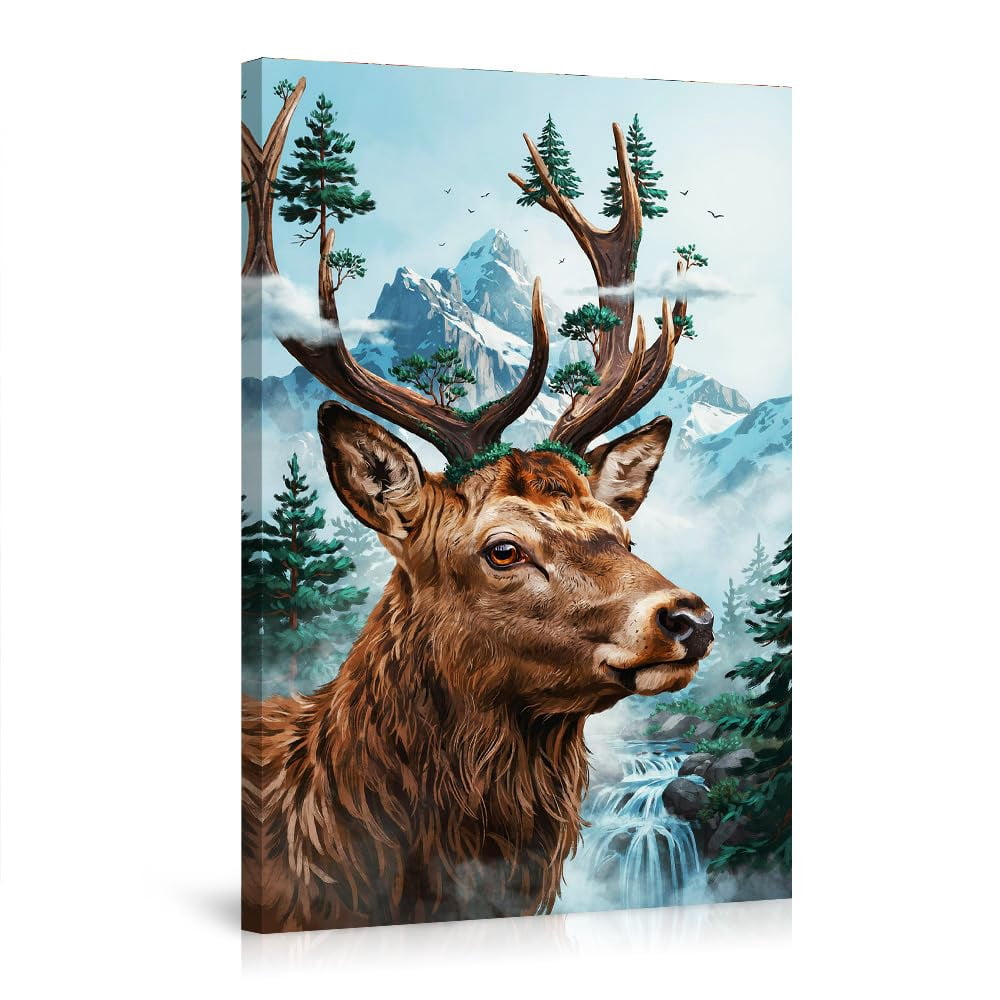 Wtaerfall Tree Majestic Stag Deer Canvas Wall Art Posters Mountain Landscape Pine ...