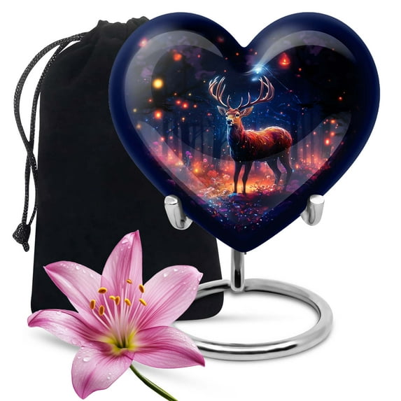 Majestic Stag Enchanted Forest Funeral Urns For Adult Ashes Women - Heart Shaped Urns For Human Ashes Adult Male - Large Urn - Burial Urn, Heart Shaped Urns For Men Adult Urn With Velvet Bag - 8 Inch