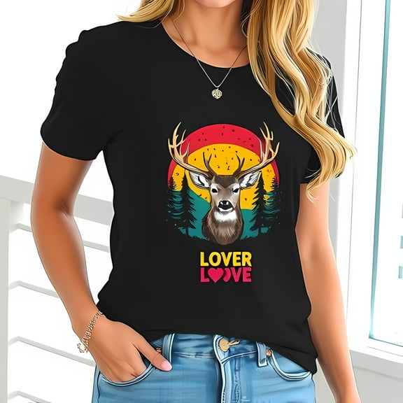 Majestic Stag Graphic Cotton Short Sleeve T-Shirt - Vibrant Nature Design with 'LOVER' & 'LOVE' Text