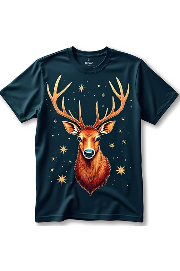 Majestic Stag Head T-Shirt with Vibrant Antlers & Gold Stars on Black