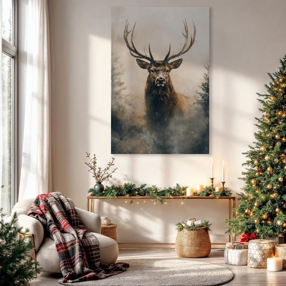 Majestic Stag Wall Art Abstract Animal Print Deer with Big Antlers Poster Rustic Wildlife Decor Winter Festive Gift Ready to Hang, Unframed Poster Size 24x36