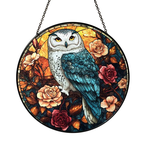 Majestic Teal Snowy Owl and Blooming Roses Floral Suncatcher Art