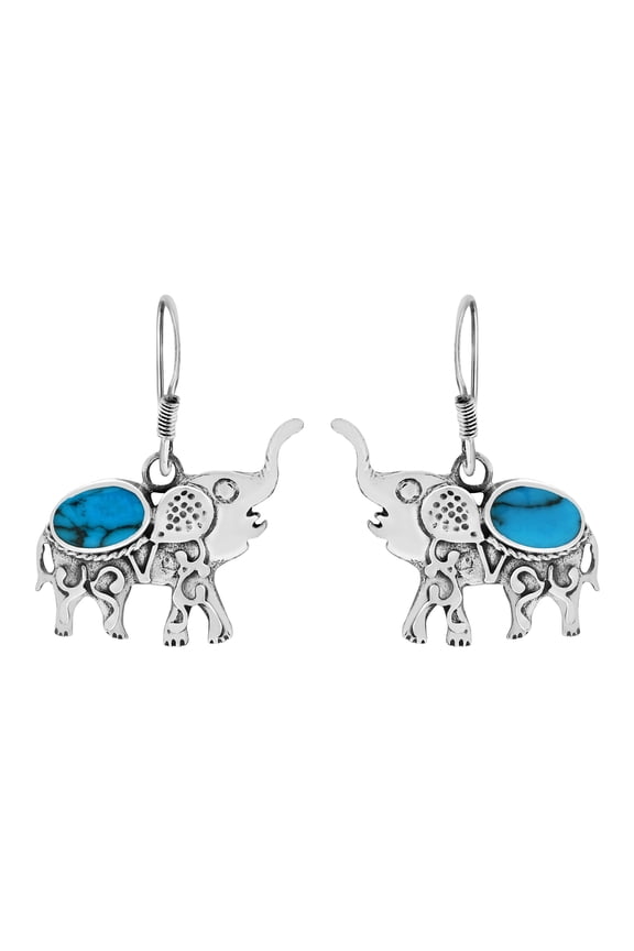 Majestic Thai Elephants Blue Turquoise Inlays .925 Sterling Silver Earrings