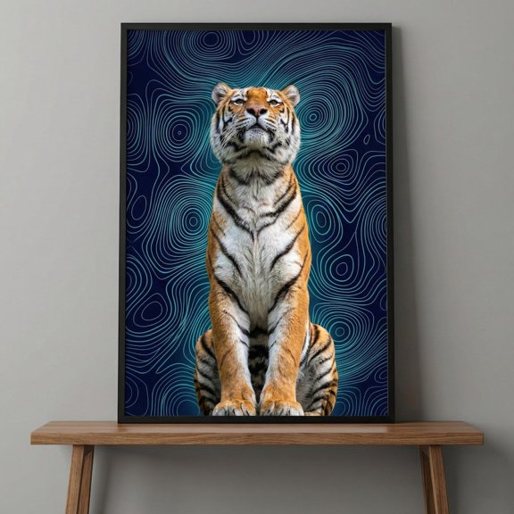 Majestic Tiger Artwork Modern Wildlife Wall Decor Blue Topographic Art, Unframed Canvas 12x16in