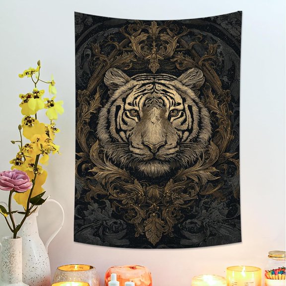 Majestic Tiger Black and Gold Tapestry, Ornate Animal Wall Art for Home Decor, Elegant Tapestries for Living Room, Bedroom, Meditation Space 30x40 Inch
