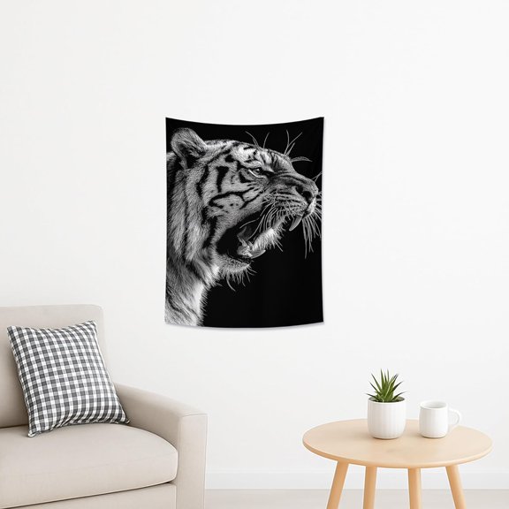 Majestic Tiger Black White Tapestry, Fierce Animal Wall Art for Bohemian Home Decor, Bold Aesthetic Hanging for Living Room, Bedroom, Study 30x40 Inch