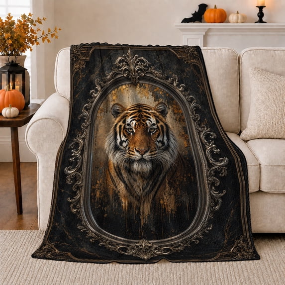 Majestic Tiger Portrait Ornate Baroque Oval Frame Dark, Dramatic Gothic Scene, Warm Flannel Blanket for Cabin and Lodge, Wildlife Lovers Housewarming Gift, Gothic Home Decor
