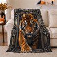 thumbnail image 1 of Majestic Tiger Portrait, Rustic Botanical Portrait, Warm Flannel Blanket for Cabin and Lodge with Detailed Artwork, Wildlife Lovers Housewarming Gift, Rustic Home Decor, 1 of 9