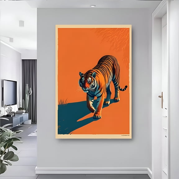 Majestic Tiger Poster Powerful Walking Tiger Wall Art Print with Vibrant Orange Background Modern Minimalist Wildlife Decor for Living Room Bedroom Office, UNFRAMED 12x18