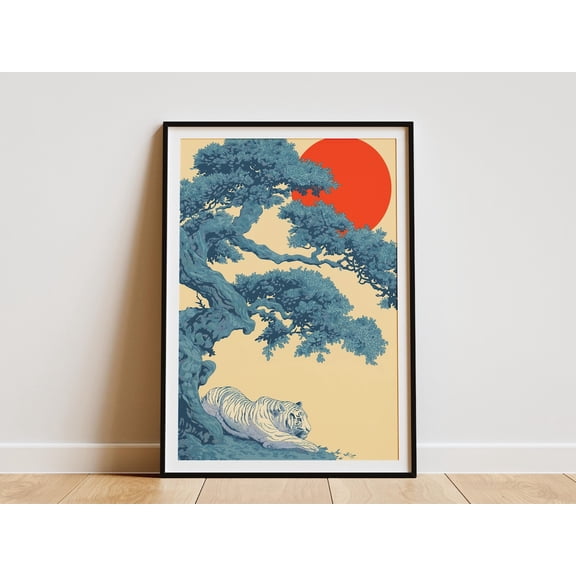 Majestic Tiger Resting Under Ancient Tree Japanese Inspired Woodblock Style With Red Sun Modern Poster Unframed Paper Print