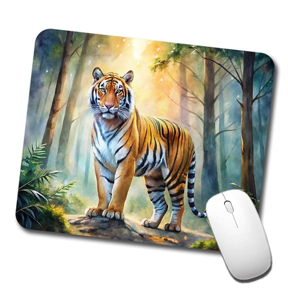 Majestic Tiger Standing In Forest Watercolor Mouse Pad Low Profile Gaming Mat