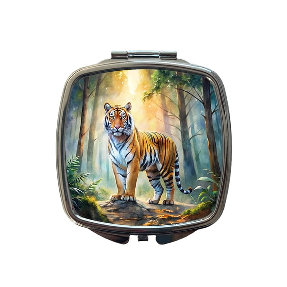 Majestic Tiger Standing In Forest Watercolor Travel Makeup Handbag Purse Small Pocket Compact Mirror