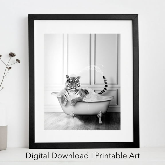 Majestic Tiger in Tub Photo Bathroom Art Print, Unframed Canvas 24x36in