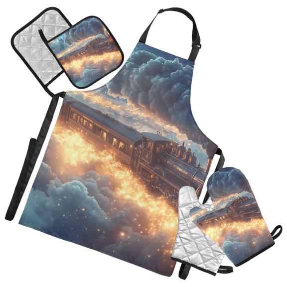 Majestic Train in Clouds 5 Pcs Kitchen Set Heat Resistant Oven Mitts and Non-Slip Pot Holders with Adjustable Cooking Apron