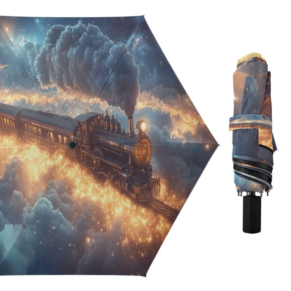 Majestic Train in Clouds Compact Sun Umbrella Windproof Travel Umbrellas for Rain Strong Portable UV Protection