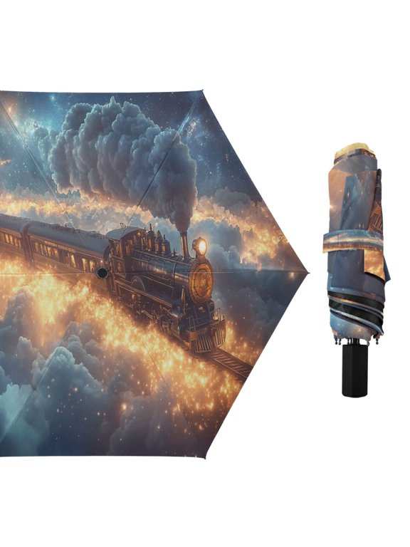 Majestic Train in Clouds Compact Sun Umbrella Windproof Travel Umbrellas for Rain Strong Portable UV Protection