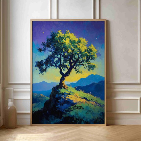 Majestic Tree In Mountains Impressionist Landscape Art Print