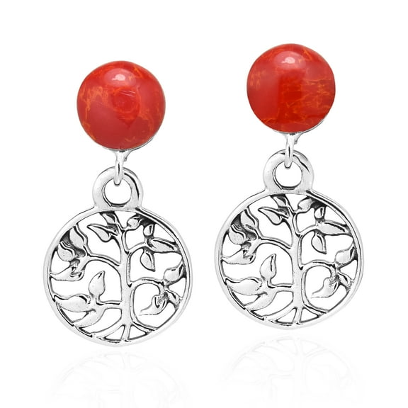 Majestic Tree of Life w/ Synthetic Red Coral Sterling Silver Dangle Earrings