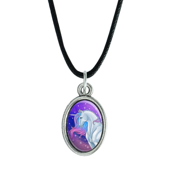 Majestic Unicorn Pink Purple Blue Antiqued Oval Charm Pendant with Black Satin Cord