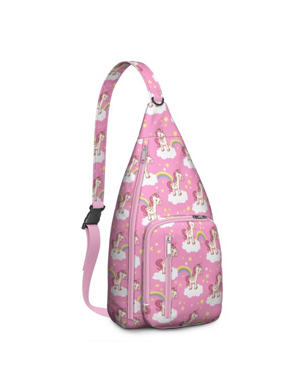 Unicorn Sling Backpack - Gold Horn & Rainbow Tail Design Crossbody Bag with Hidden Pockets for Secure Storage