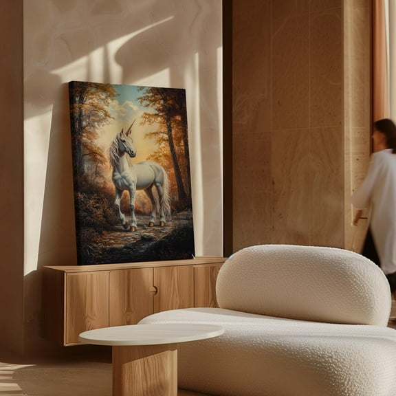 Majestic Unicorn Wall Art - Enchanted Forest Fantasy Decor, Mythical White Unicorn Print, Magical Woodland Scene Wall Art, Modern Wall Decor, 24x36 UNFRAMED