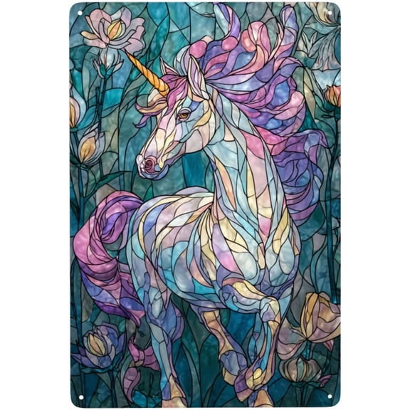 Majestic Unicorns Portrait Stained Glass Style Metal Tin Sign 8x12 Inch, Soft Florals Vibrant Artwork Wall Decor for Adults