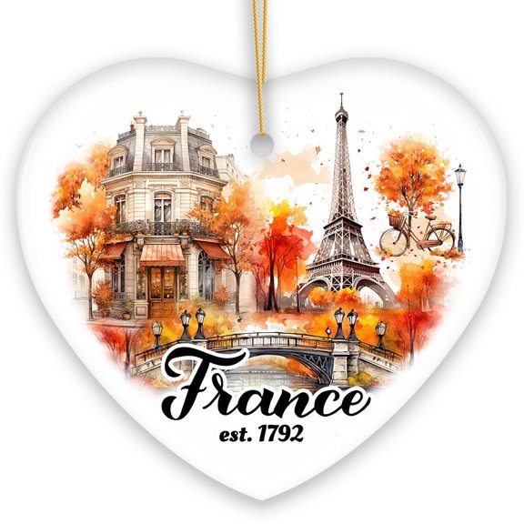 Majestic Vintage Fall Themed France Christmas Ornament, French Souvenir with Watercolor Eiffel Tower Painting