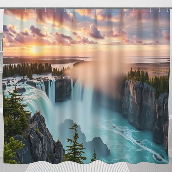 Majestic Waterfall Shower Curtain - Serene Landscape with Water & Sunset Colors - Tranquil Bathroom Decor