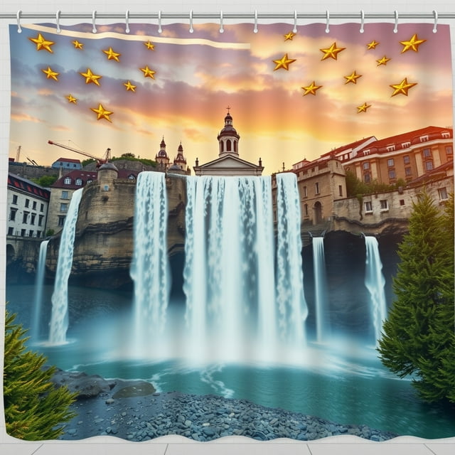 Majestic Waterfall Shower Curtain with Sunset & Nighttime Scene, Charming Town