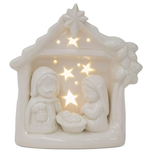 Majestic White Holy Family Nativity Creche LED 4.5 x 4.5 Porcelain Decorative Tabletop Figurine
