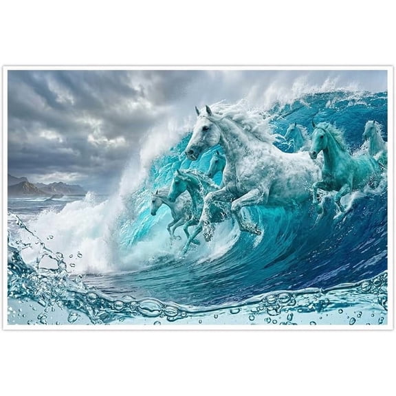 Majestic White Horses Ocean Wave Canvas Wall Art Print, Dynamic Galloping Marine Horse Pictures for Living Room Bedroom Home Decor