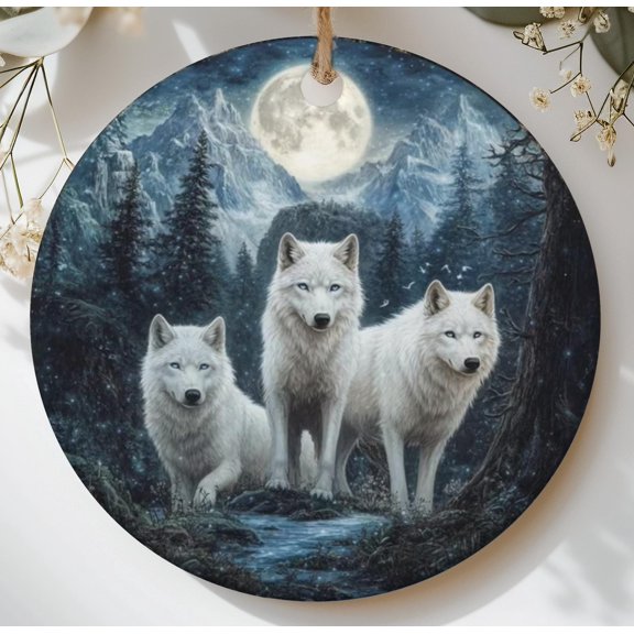 Majestic White Wolf Pack Moonlit Forest Ornament Fantasy Winter Nature Wildlife Art Decor Gift Idea 2D FLAT Ceramic Ornament