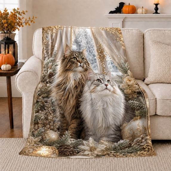 Majestic Winter Cats Festive Holiday, Festive Pet Portrait Pattern, Warm Flannel Blanket for Living Room and Bedroom, Cat Lovers Just Because Gift, Pet Lover Home Decor