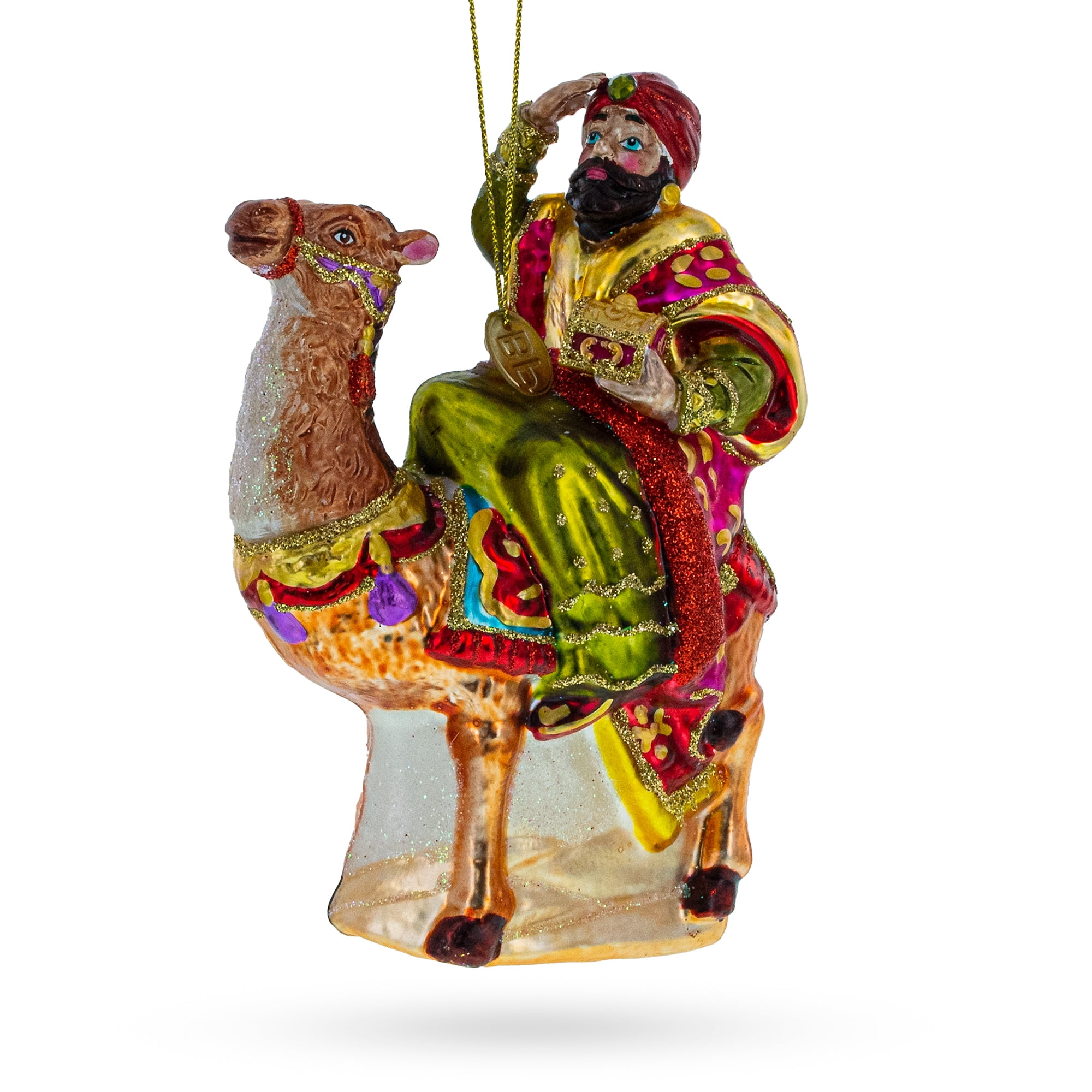 Majestic Wiseman Riding a Camel Blown Glass Christmas Ornament