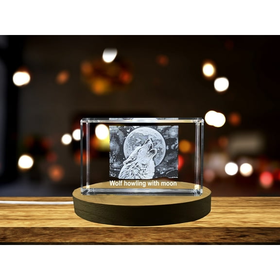 Majestic Wolf Howling Engraved Crystal - A Serenade to the Moon
